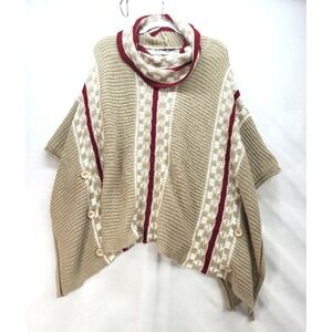Wool Blend Tan Burgundy Geometric Pattern‎ Cowl Neck Sweater Poncho OS Yaira